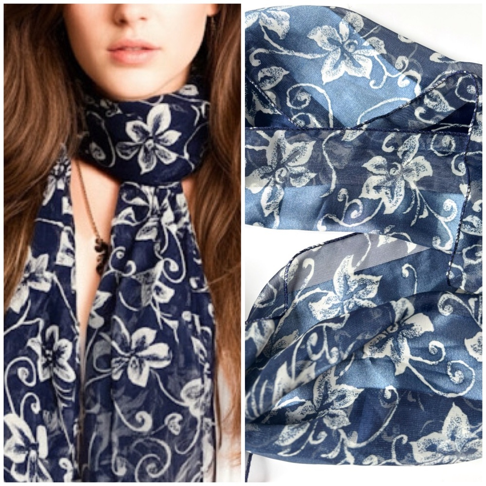 Vintage Navy Blue & White‎ Floral Patterned Lightweight Satin Feel Neck Scarf